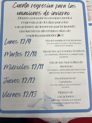 Cuenta regresiva para Las vacaciones de invierno. Semana Espiritual.  12/9 - 12/13